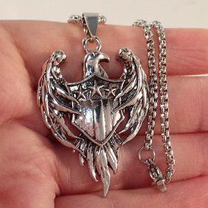 Mens Silver Stainless Steel Carved Star Eagle Pendant Rolo Chain Necklace 24"